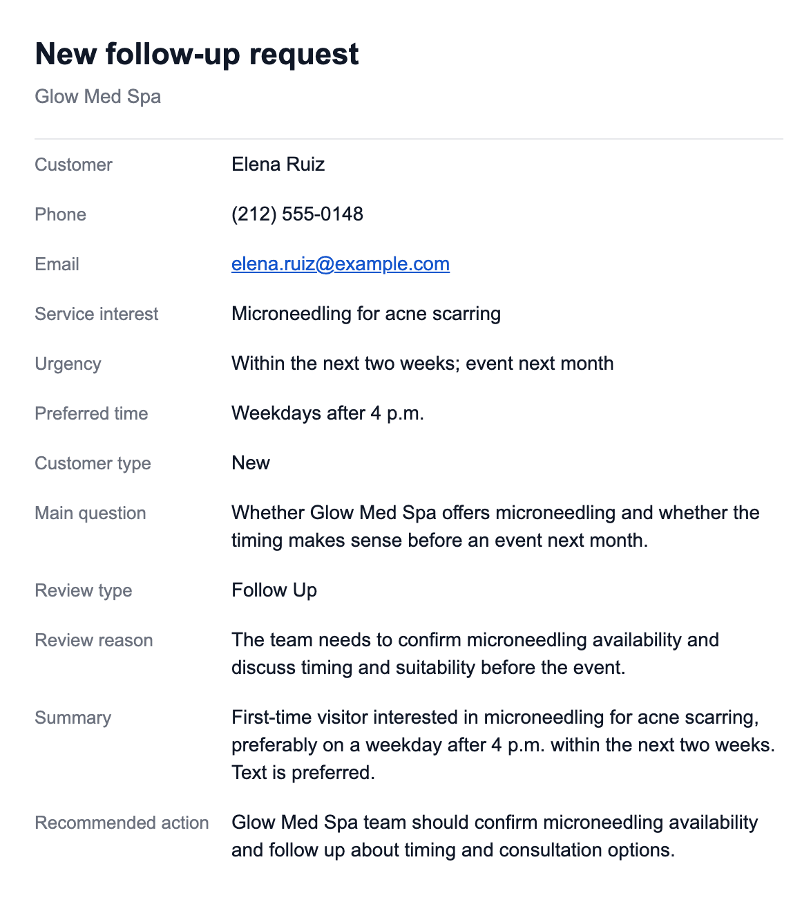 Valleyway email notification for Glow Med Spa with customer details, inquiry context, a summary, and a recommended action.